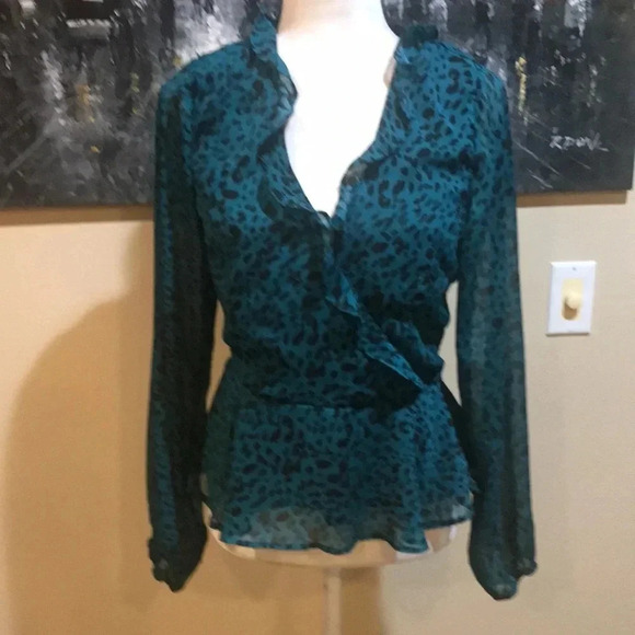 Teal Leopard Print Long Sleeved Women's Top - Picture 2 of 7